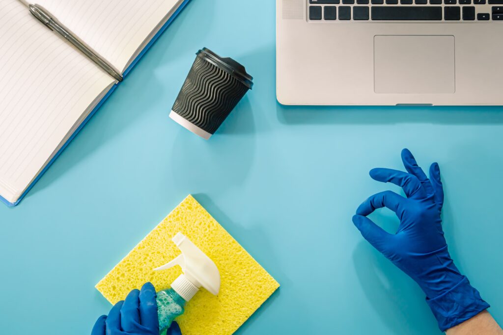 hand-rubber-glove-wipes-workplace-flat-lay